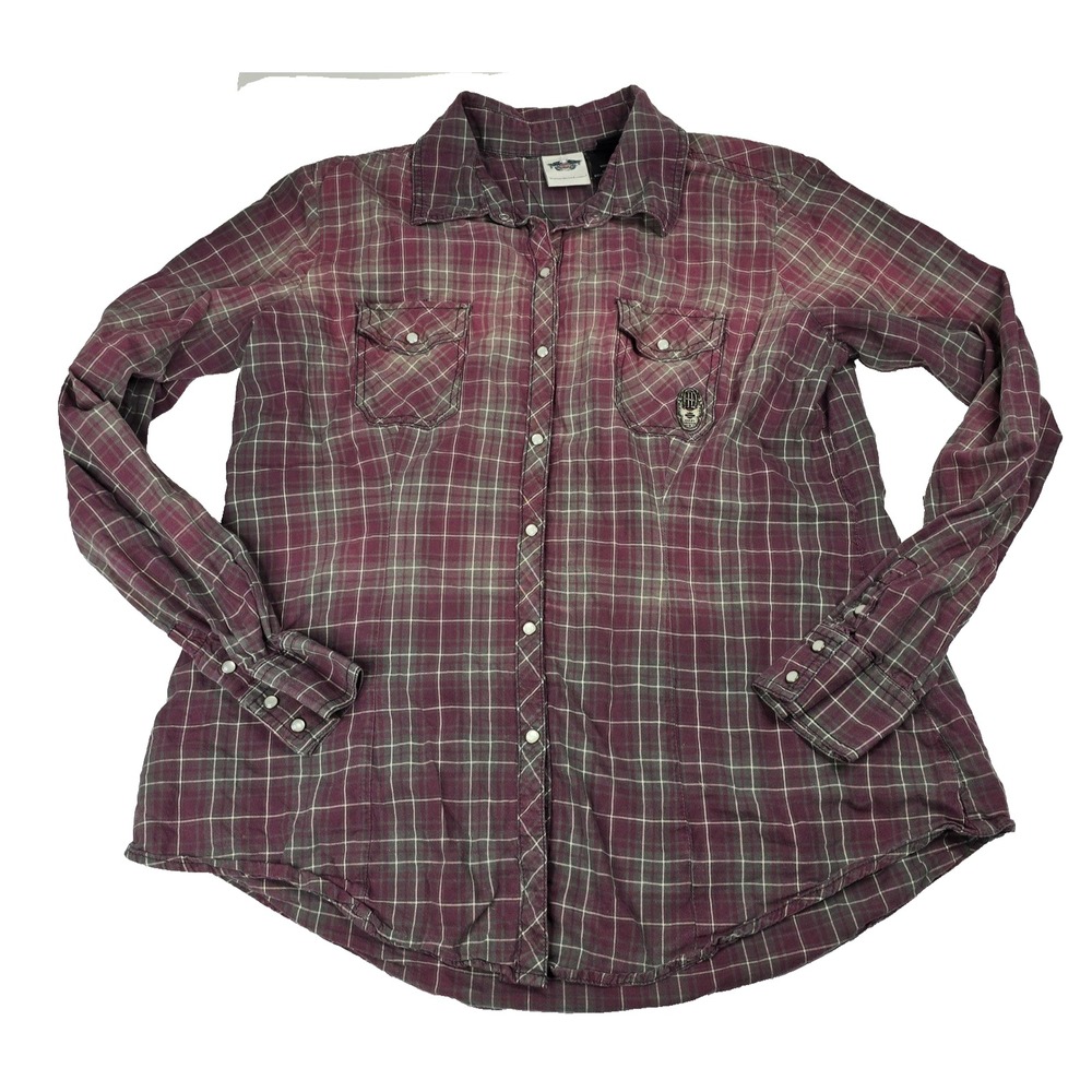 Harley-Davidson Womens XL Plaid Snap Front Embroidered Logo Shirt Burgundy Gray